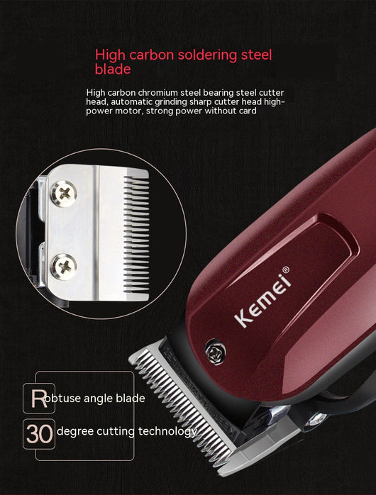 Kemei electric hair clipper in metallic burgundy with four guide combs, power adapter, cleaning brush, and oil bottle. - Image 8