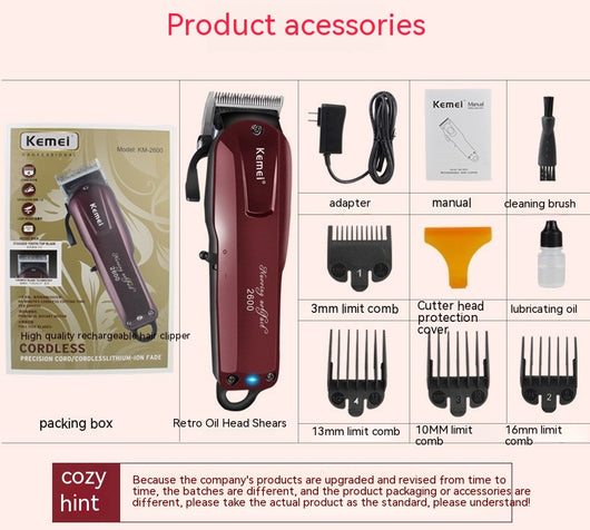 Kemei electric hair clipper in metallic burgundy with four guide combs, power adapter, cleaning brush, and oil bottle. - Image 10