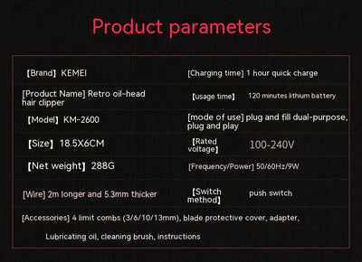 Kemei electric hair clipper in metallic burgundy with four guide combs, power adapter, cleaning brush, and oil bottle. - Image 11