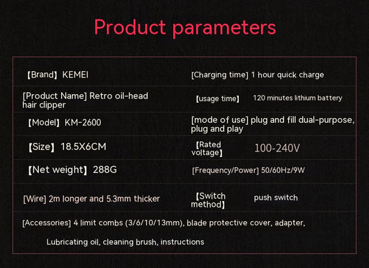 Kemei electric hair clipper in metallic burgundy with four guide combs, power adapter, cleaning brush, and oil bottle. - Image 11