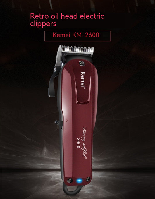 Kemei electric hair clipper in metallic burgundy with four guide combs, power adapter, cleaning brush, and oil bottle. - Image 13