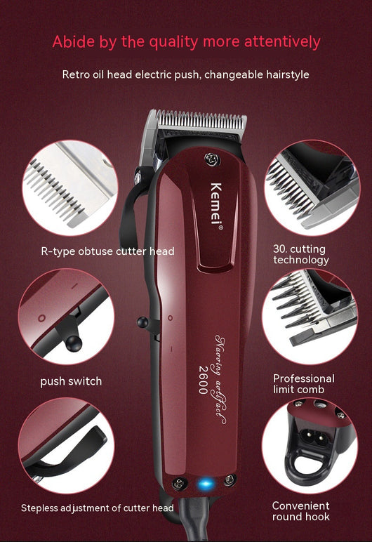 Kemei electric hair clipper in metallic burgundy with four guide combs, power adapter, cleaning brush, and oil bottle. - Image 14