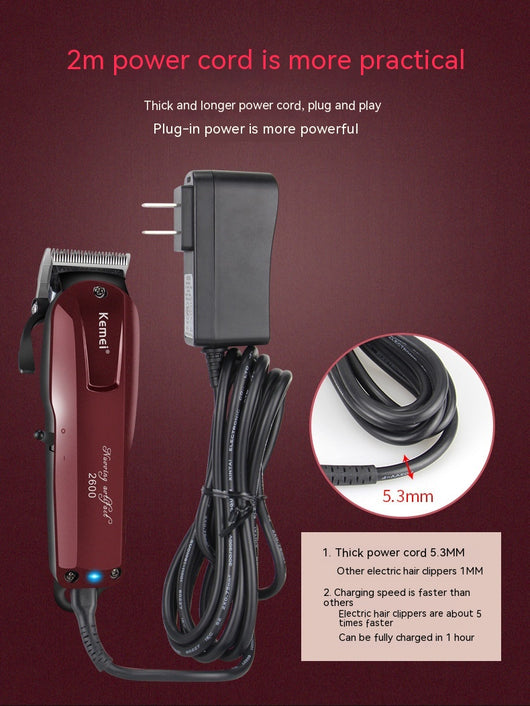 Kemei electric hair clipper in metallic burgundy with four guide combs, power adapter, cleaning brush, and oil bottle. - Image 16