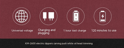 Kemei electric hair clipper in metallic burgundy with four guide combs, power adapter, cleaning brush, and oil bottle. - Image 17