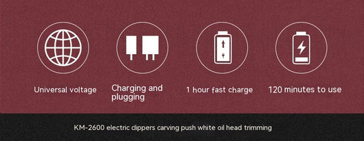 Kemei electric hair clipper in metallic burgundy with four guide combs, power adapter, cleaning brush, and oil bottle. - Image 17