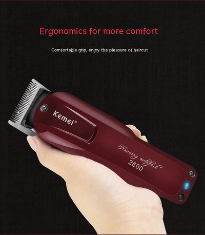Kemei electric hair clipper in metallic burgundy with four guide combs, power adapter, cleaning brush, and oil bottle. - Image 19