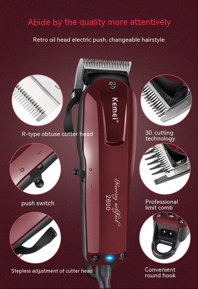 Kemei electric hair clipper in metallic burgundy with four guide combs, power adapter, cleaning brush, and oil bottle. - Image 24
