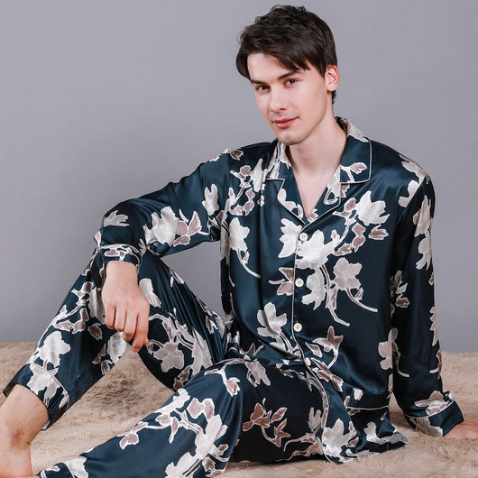 Pijama de Seda para Hombre Primavera Otoño Cardigan Estampado Manga Larga Seda Helada - Image 35