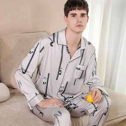 Pijama de Seda para Hombre Primavera Otoño Cardigan Estampado Manga Larga Seda Helada - Image 44