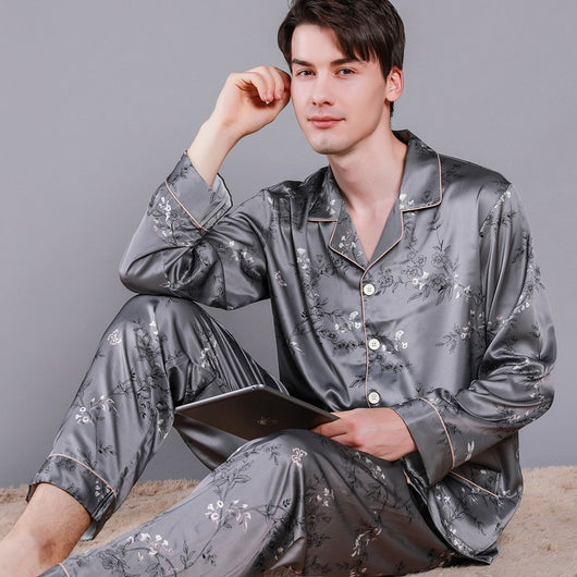 Pijama de Seda para Hombre Primavera Otoño Cardigan Estampado Manga Larga Seda Helada - Image 50