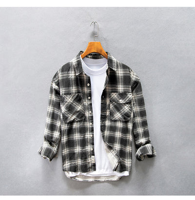 Camisa Cuadriculada de Algodón Puro para Hombre - Diseño Casual Holgado y Abrigo Reforzado - Image 8