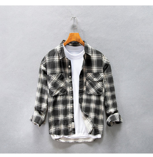 Camisa Cuadriculada de Algodón Puro para Hombre - Diseño Casual Holgado y Abrigo Reforzado - Image 8