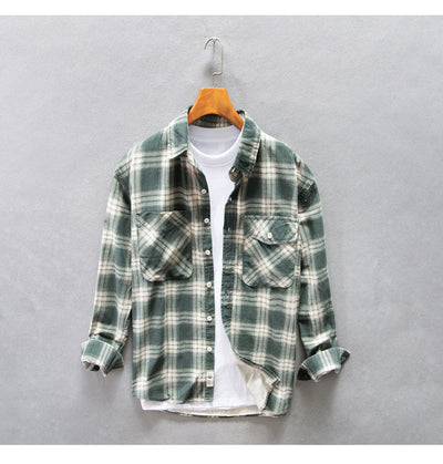 Camisa Cuadriculada de Algodón Puro para Hombre - Diseño Casual Holgado y Abrigo Reforzado - Image 9