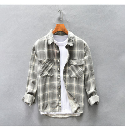 Camisa Cuadriculada de Algodón Puro para Hombre - Diseño Casual Holgado y Abrigo Reforzado - Image 15