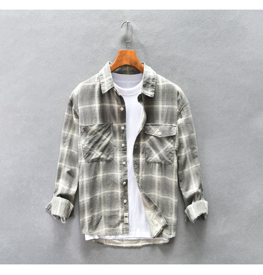 Camisa Cuadriculada de Algodón Puro para Hombre - Diseño Casual Holgado y Abrigo Reforzado - Image 15