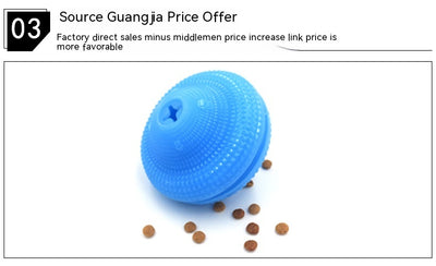 Blue TPR pet toy ball with textured surface, designed for food dispensing and molar training, with kibble scattered around. - Image 20