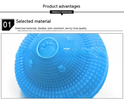 Blue TPR pet toy ball with textured surface, designed for food dispensing and molar training, with kibble scattered around. - Image 21