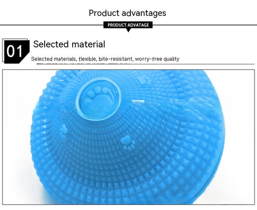 Blue TPR pet toy ball with textured surface, designed for food dispensing and molar training, with kibble scattered around. - Image 21