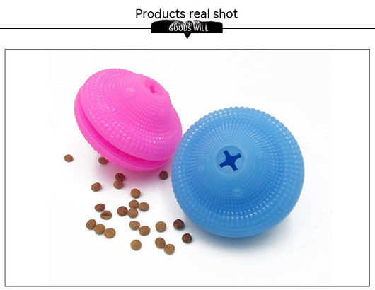 Blue TPR pet toy ball with textured surface, designed for food dispensing and molar training, with kibble scattered around. - Image 24