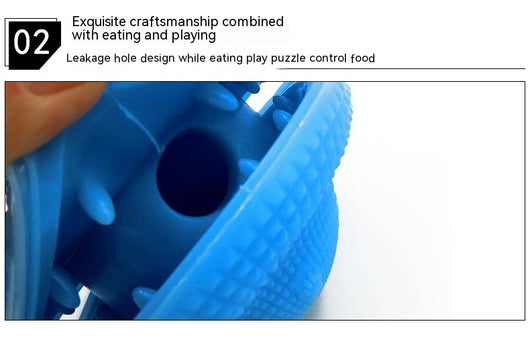 Blue TPR pet toy ball with textured surface, designed for food dispensing and molar training, with kibble scattered around. - Image 28