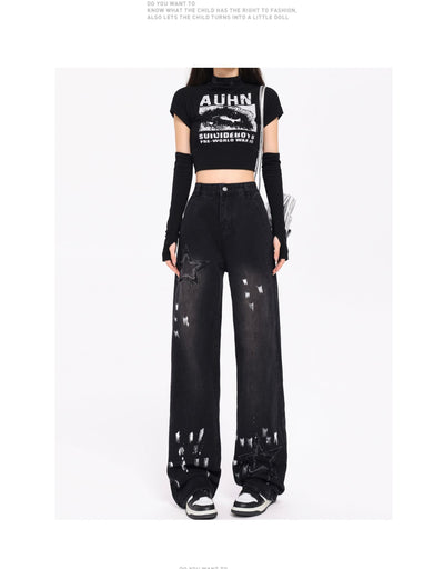 Jeans Retro Coreano XINGX Bordados Talle Alto Pierna Ancha Invierno - Image 9