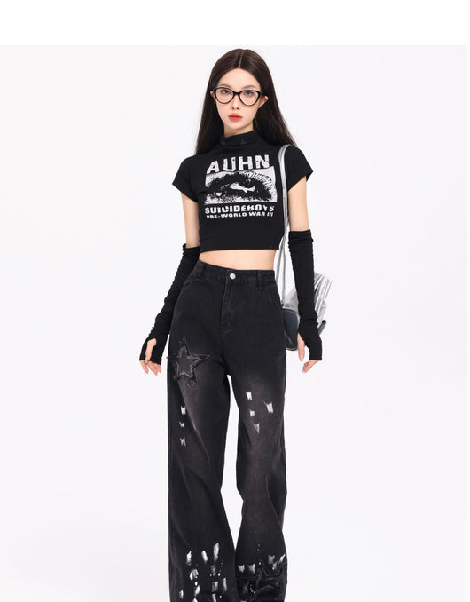 Jeans Retro Coreano XINGX Bordados Talle Alto Pierna Ancha Invierno - Image 12