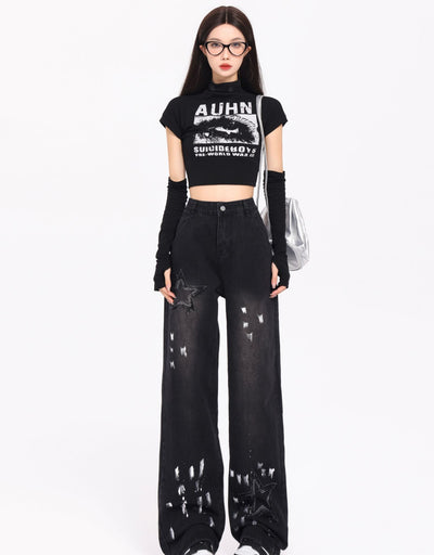 Jeans Retro Coreano XINGX Bordados Talle Alto Pierna Ancha Invierno - Image 13