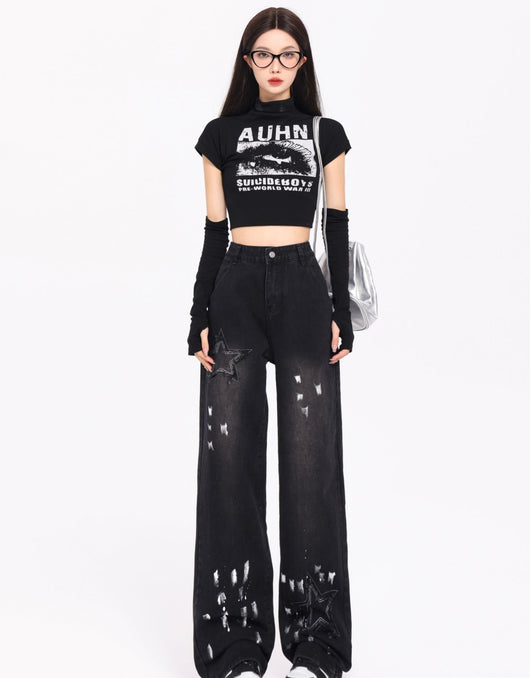 Jeans Retro Coreano XINGX Bordados Talle Alto Pierna Ancha Invierno - Image 13