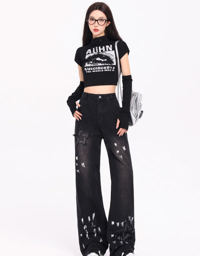 Jeans Retro Coreano XINGX Bordados Talle Alto Pierna Ancha Invierno - Image 15