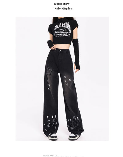 Jeans Retro Coreano XINGX Bordados Talle Alto Pierna Ancha Invierno - Image 17