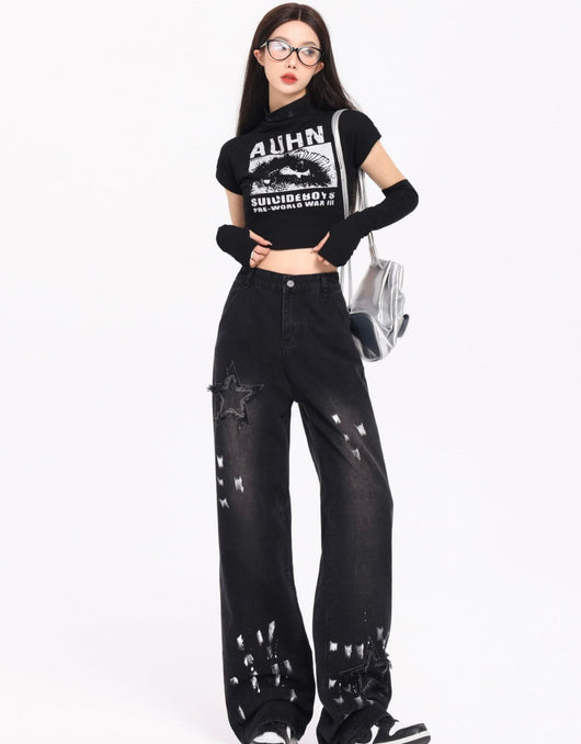 Jeans Retro Coreano XINGX Bordados Talle Alto Pierna Ancha Invierno - Image 24