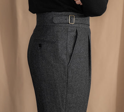 Pantalón Tweed Clásico Británico Cintura Alta Corte Recto Patrón Espiga - Image 14