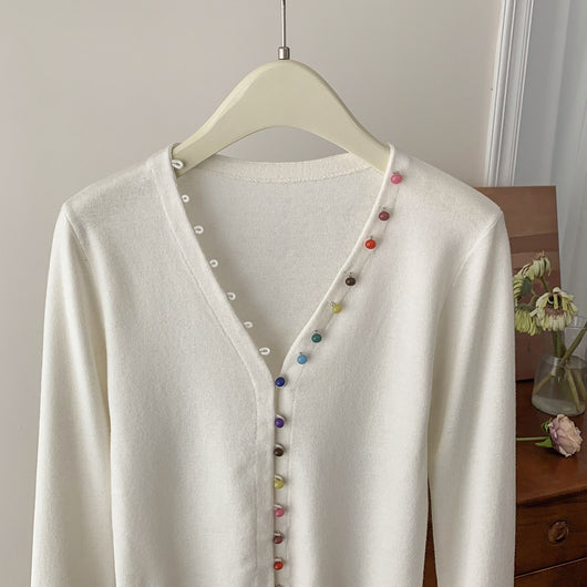 Cardigan de Lana Blanco Cuello V con Hebilla Arcoíris - Suéter Elegante Primavera - Image 16