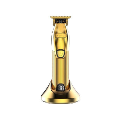 Gold electric hair clipper set with charging base, LCD display, four guide combs, cleaning brush, oil, and USB cable. - Image 8