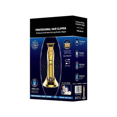 Gold electric hair clipper set with charging base, LCD display, four guide combs, cleaning brush, oil, and USB cable. - Image 9