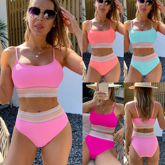 Hot pink split triangle high-waisted bikini with a colorful striped band, worn by a woman in a straw hat. - Image 37