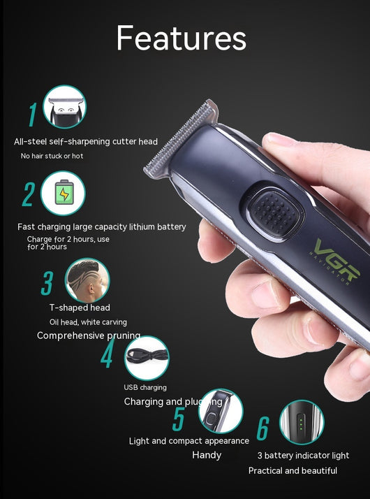 VGR V-020 professional black and silver rechargeable beard trimmer kit with 1mm, 2mm, 3mm guide combs, USB cable, cleaning brush, and oil. - Image 18