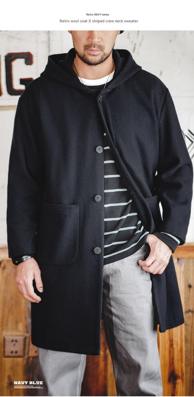 Abrigo de Lana Estilo Universitario Retro con Capucha para Hombre - Image 12