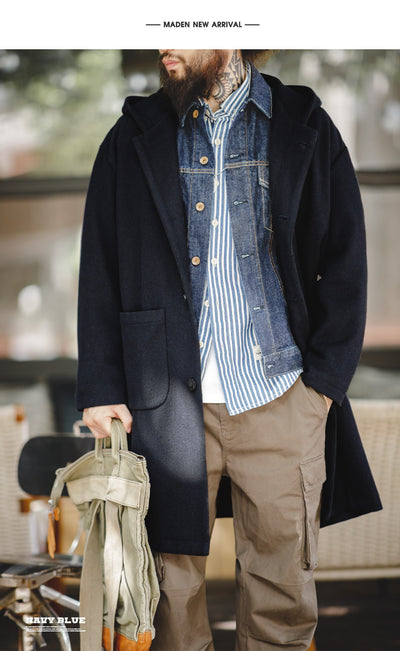 Abrigo de Lana Estilo Universitario Retro con Capucha para Hombre - Image 19