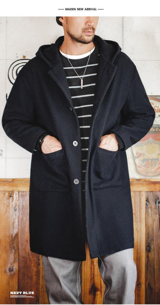 Abrigo de Lana Estilo Universitario Retro con Capucha para Hombre - Image 21