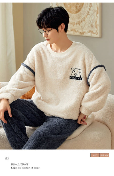Pijama Térmico de Terciopelo Coral para Hombre - Cuello Redondo Franela Invierno - Image 35