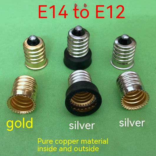 Gold copper E14 to E12 lamp holder adapter, shown with an E14 base and an E12 base. - Image 3