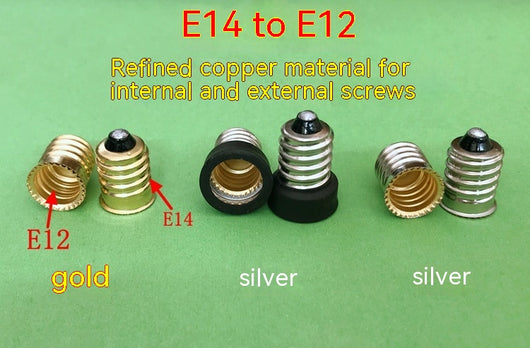 Gold copper E14 to E12 lamp holder adapter, shown with an E14 base and an E12 base. - Image 4