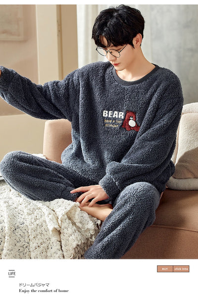 Pijama Térmico de Terciopelo Coral para Hombre - Cuello Redondo Franela Invierno - Image 63