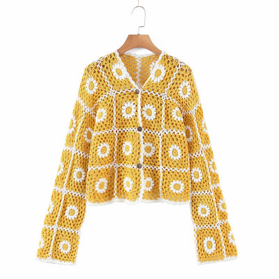 Cardigan Tejido a Mano con Girasoles de Crochet para Mujer - Image 9