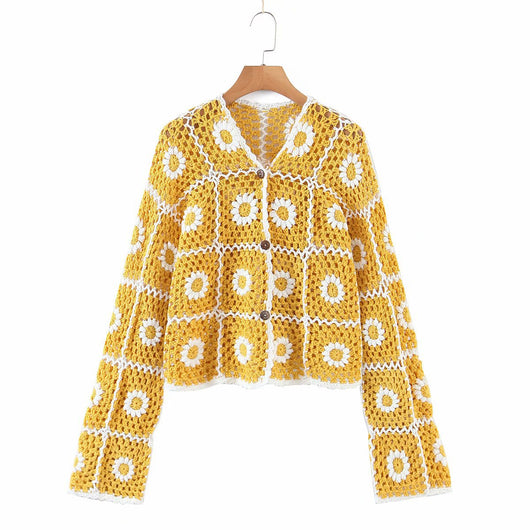 Cardigan Tejido a Mano con Girasoles de Crochet para Mujer - Image 9