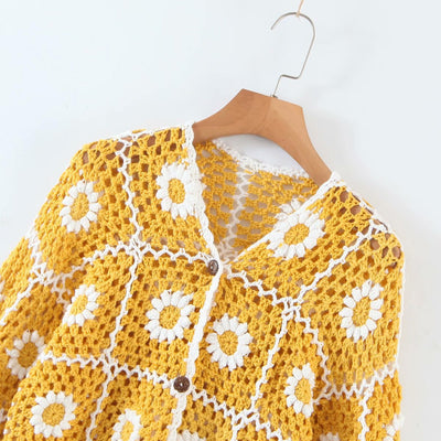 Cardigan Tejido a Mano con Girasoles de Crochet para Mujer - Image 10