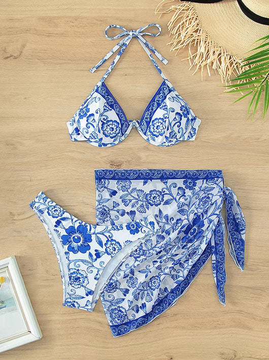 Blue and white porcelain print bikini with an adjustable lace-up top and matching sheer sarong skirt. - Image 20