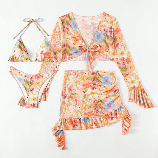Four-piece women's beachwear set with a peach, blue, and green floral print. Includes a triangle bikini, long-sleeve tie-front cover-up, and ruched mini skirt. - Image 18