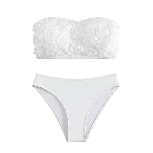 White tube top bikini swimsuit with 3D floral appliques and high-waisted bottom, modeled on a person. - Image 8